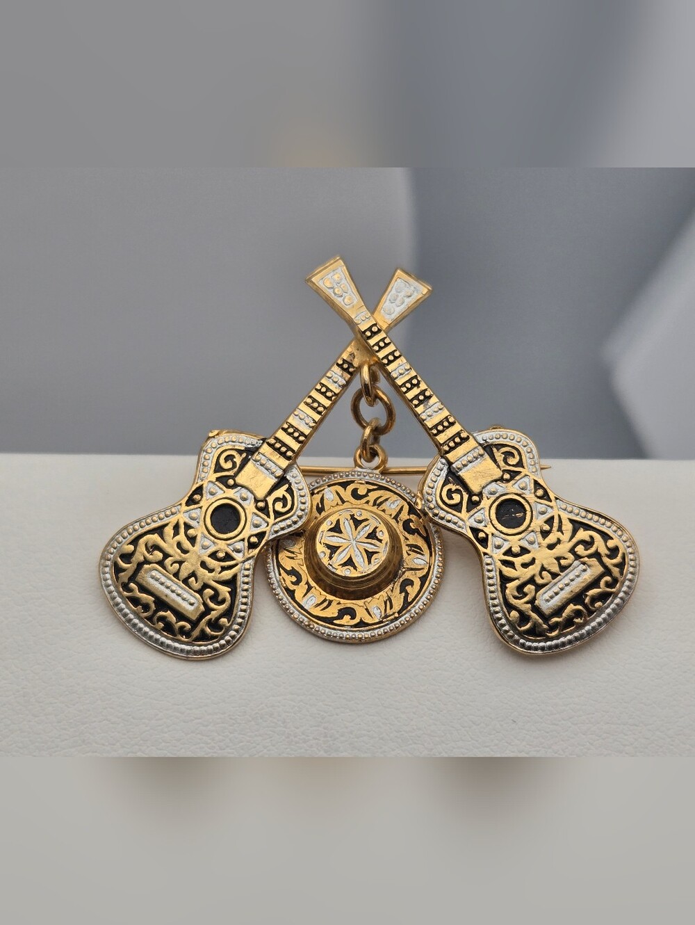 Vintage Spanish Damascene Guitar & Sombrero Brooch Toledo Style Folk Pin